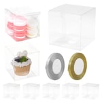 lalago Lot de 30 boîtes cadeaux en plastique transparent pour Noël, boîtes cadeaux pour emballage, boîtes de faveur de mariage, bonbons avec 2 rouleaux de rubans dorés et argentés (9 x 9 x 9 cm)