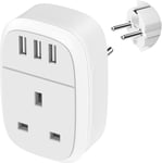 UK to European Adapter Plug with 3 USB Ports, EU Schuko Travel Euro Europe for