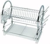 2 Tier Chrome Dish Drainer Tray Plates Glasses Cup Cutlery Utensil Holder Rack