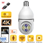 Caméra de Surveillance Intérieure Ampoule 4K 8MP Zoom 10X Sécurité à Domicile WiFi Suivi automatique + Lecteur + Carte Micro SD 128G