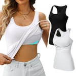 V FOR CITY Shelf Bra Tank Top for Women Racerback Vest Tops Wide Shoulder Cotton Workout Tops Pack of 2 Black/White L