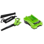 Greenworks GD40BV Cordless Leaf Blow Vac with Brushless Motor, 280km/h, 9.63m³/min, 45L Mulching Bag & 40V Battery Charger. 40V Universal Charger for Garden and Power Tools. Charges 2Ah Batter