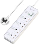 AUNNO Extension Lead with USB Slots, 4 Way Sockets Outlets with 4 USB-C Ports and 2 USB Ports, 1.8M Extension Cable with Switch Surge Protected Power Strips, UK Multi Plug Adapter Electrical Cords