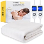 MONHOUSE Premium Soft Fleece Electric Blanket - Heated Under Blanket - Double 137x190cm Beige - Fitted Mattress Cover - Detachable & Machine Washable - Dual Controller Multi Zones, 9 Heat Settings