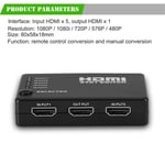 5 Port Multi HDMI Splitter Switch Hub + IR Remote Controller Box for HDTV PS4 4K