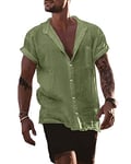 YAOBAOLE Manches Courtes Boutons Chemise Chemise en Coton Et Lin Chemise Ete Homme Leger en Lin Casual Plage Chemise Vert Armée XXL