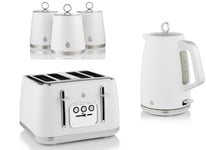 Swan Serenity White Kettle 4 Slice Toaster & Set of 3 Canisters Matching Set