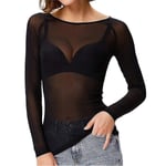 Kvinnor Genomskinlig Långärmad Sömlös Arm Shaper Topp Mesh Skjorta Blus Black S