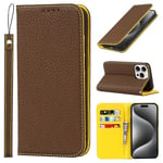 Cavor Coque iPhone 15 Pro avec Cordon,Etui iPhone 15 Pro,Flip Cuir véritable Portefeuille Étui en Cuir,[4 Porte Cartes][Magnetique],Housse Etui pour iPhone 15 Pro - Marron