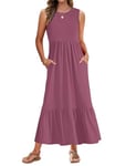 AUSELILY Robe Longue Femme Ete Robe sans Manches Robe de Plage Longue Legere Fluide Maxi Robe Taille Empire avec Poches Mauve L