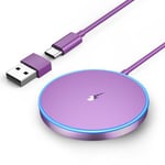 OANDYS Magnetic Wireless Charger Fast Apple Mag-Safe Charger for iPhone 16/16 Pro Max/16 Pro/16 Plus/15/14/13/12 Series AirPods 3/2/Pro LED Magnet Charging Pad Charger with Dual Charging Ports Purple