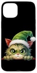 iPhone 15 Plus Green Christmas Cat Wearing Green Xmas Santa Hat Kitten Case