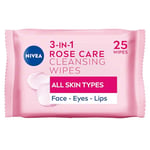 NIVEA 3in1 Rose Care Cleansing Wipes (2x25 Wipes), Plant-Based Makeup Remover Wipes, Face Wipes with Organic Rose Water, Gentle yet Effective Makeup Removal