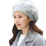 ZYM Beret Bonnet d'hiver pour femme en tricot avec fleur double couche douce et épaisse thermique pour la neige et le ski Gris