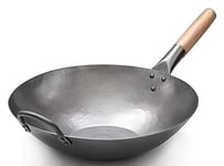 Craft Wok 731W316 Wok en acier au carbone martelé à la main avec poignée en bois et acier fond plat 35,6 cm