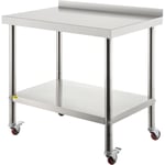 VEVOR Table de preparation en acier inoxydable, 76,2x61x89 cm, table de travail en metal robuste avec dosseret reglable sous etagere et 4 roulettes,