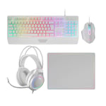 MARSGAMING MCP124PRO, Combo Gaming 4en1, Clavier RGB H-Mech avec Repose-Poignets, Souris RGB 3200DPI et Switches HUANO, Casque FRGB, Tapis Nanotextile 36x26cm, Multiplateforme, Espagnol, Blanc