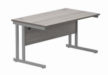 Office Hippo Essentials Rectangular Desks, Home Writing Computer Desk Office Desk For Work Place Or Home, Home Office Desk With Cable Port Management, Silver Frame, Alaskan Grey Oak 140cm x 80cm