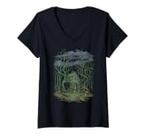 Womens Dark Cottagecore Mystical Forest Cabin Scene V-Neck T-Shirt