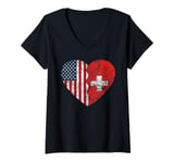 Womens Swiss American Flags Heart | United States Switzerland Roots V-Neck T-Shirt