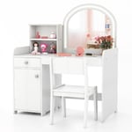 Coiffeuse et tabouret pour enfants avec miroir et 120 lumières led bureau enfants avec chaise 2 étagères et tiroir blanc