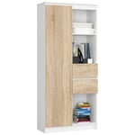 Akord - Bibliothèque de bureau R15 Blanche 80 cm 1 porte 2 tiroirs façade Chêne Sonoma 7 étagères 80x35x180 cm