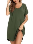 Aseniza Chemise de Nuit Femme Chemises de Nuit Coton Robe de Nuit Grande Taille à Manches Courtes Vêtements de Nuit avec Poches Robe Tee Shirt De Nuit Ample Confortable Maison Beach Vert1 L