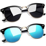 Joopin 2 Pack Rétro Lunettes de Soleil Homme Polarisées Demi-cerclée UV400 Vintage Lunette de Soleil Femme Classique 2 Pack Noir Brillant et Bleu