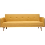 Canapé convertible scandinave 3 places en tissu effet velours jaune moutarde et bois clair ulla