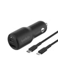 Belkin BoostCharge Dual Car Charger 42W w/Fast Charge USB-C 30W PPS & 12W USB-A Ports + USB-C to Lightning Cable for Apple iPhone 16, Plus, Pro, Pro Max, iPhone 15, Samsung Galaxy S24, & More - Black