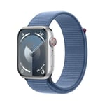 Apple Watch Series 9 (45 mm GPS + Cellular) Smartwatch avec boîtier en aluminium Argent et Boucle Sport Bleu d’Hiver. Suivi de l’activité Physique, apps Oxygène sanguin et ECG, Neutre en Carbone