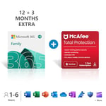 Microsoft 365 Family (15-Month) + McAfee Total Protection (12-Month) Subscriptions | Up to 6 People | 1TB OneDrive Cloud Storage | Antivirus Protection | PC/Mac Instant Download | Activation Required