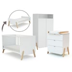 Lit bébé évolutif, commode à langer et armoire Blanc Hêtre Verni