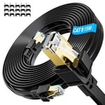 Cable Ethernet Cat 8 15m, Cable RJ45 15 Mètres Blindé 40Gbps 2000Mhz Câble Internet Haut Debit Impermeable Cable Reseau Gigabit Extra Long Câble LAN Plat Câble de Patch Noir pour Modem, Routeur.[G2099]