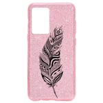 Coque Iphone 12 PRO MAX paillettes rose plumes blanc