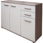 Buffet haut de design moderne avec 3 portes et 3 tiroirs, Buffet de cuisine, Buffet avec étagères et étagères, 103x35h70 cm, Couleur Blanc et Chêne,