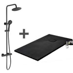 Pack Receveur de douche 90 x 90 cm extra plat noir + Colonne de douche thermostatique noir mat