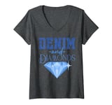 Womens Denim Fabric Diamonds Stylish Skinny Jeans Lover V-Neck T-Shirt