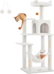 Feandrea Cat Tree, 143 cm Cat Tower, Cave, Hängmatta, Pompoms, Creme Vit