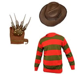 RARA® Men's Halloween Nightmare On Elm Street, Freddy Krueger Horror Costume Jumper With Hat & Claw Gloves Fancy Dress Outfit (Men: Medium)