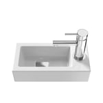 EMKE Lavabo suspendu 365 x 180 x 90 mm - Lavabo compact et élégant pour petites salles de bains et WC d'invité - Robinet à droite, installation murale, blanc brillant