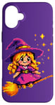 Coque pour iPhone 16 Plus Pixelated Petite sorcière violette sur un balai pour enfants