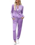 Irevial Survetement Femme Velours Jogging Femme Ensemble Manches Longues Hiver Tenue de Pyjama Sweatshirt Zippé et Pantalon ensemble de pyjama pour l'automne et l'hiver Violet clair，L