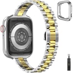 Bracelet étroit Compatible avec Apple Watch 9 8 7 6 5 4 3 2 1 SE Series Remplacement Montre en Métal pour iWatch 42mm 44mm 45mm Réglable en Inox pour Apple Watch Bande avec étui Femme, Argent/or