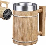 Chope à bière en tonneau de bois - Tasse à cocktail à double paroi en acier inoxydable Grande tasse viking de 600 ml, tasse écologique en acier