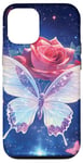 Coque pour iPhone 12/12 Pro Rose et papillon mignon sur fond bleu