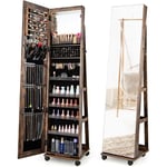 3 en 1 Armoire à Bijoux sur Roulettes, Organisateur de Bijoux sur Pieds avec Miroir Psyché sans Cadre, Lumières led et Miroir de Maquillage Intégré,