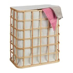 Relaxdays Laundry Basket with Bamboo Frame & Lid, 2 Compartments 38.5 litres Each, Removable Fabric Bag, Natural/Beige, 59 x 51 x 32 cm