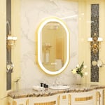 Luvodi - Miroir Mural Salle de Bain Ovale Lumineux Anti-Buée avec Cadre Doré Complet Finition Givrée avec Interrupteur Tactile - 80 x 50 cm