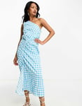 ASOS DESIGN Womens seersucker one shoulder midi dress with ruched detail in blue gingham-Multi - Size 8 UK